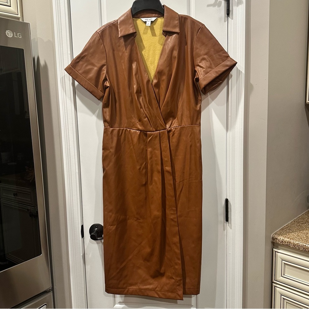 Nine West Faux-Leather Cognac Midi Dress Medium - Picture 7 of 7